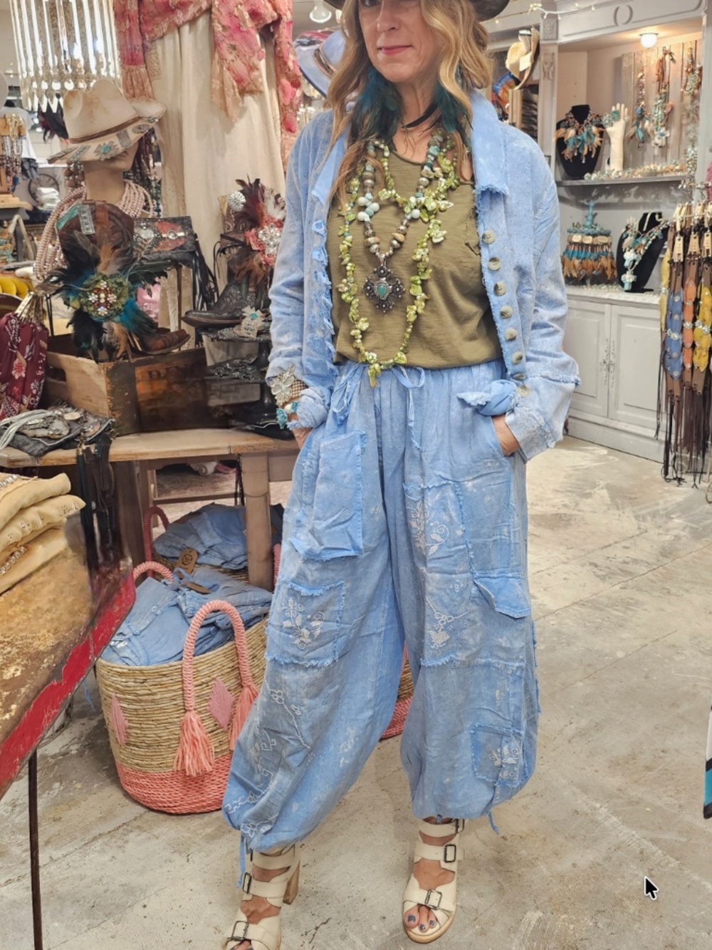 Light Blue Patchwork Track Pants & Jacket Set - Women